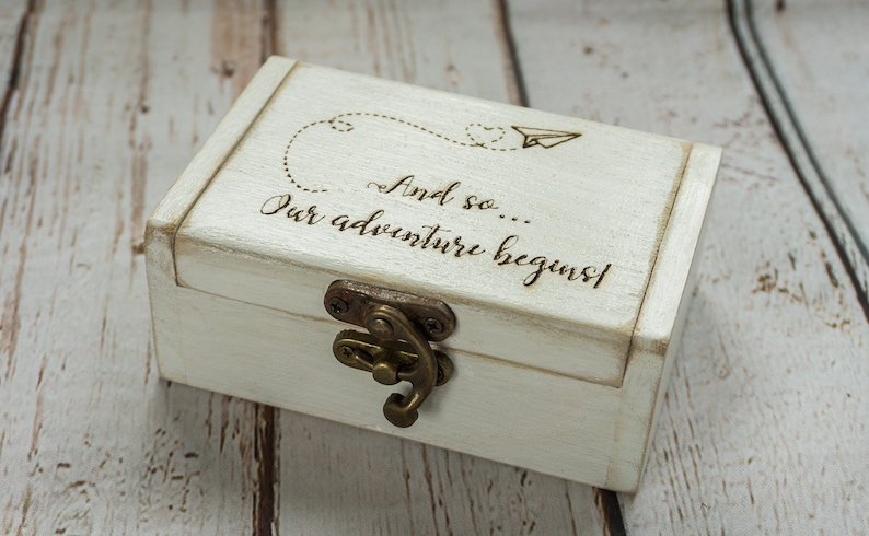 Engraved ring box, Personalized wedding ring box, White Ring Bearer Box, Our adventure wedding box, Proposal Engagement box Ring Holder image 2