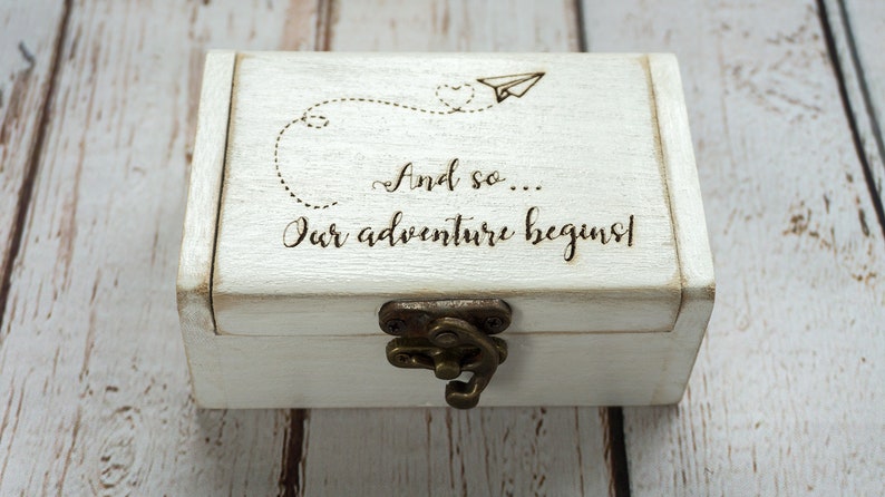 Engraved ring box, Personalized wedding ring box, White Ring Bearer Box, Our adventure wedding box, Proposal Engagement box Ring Holder image 1