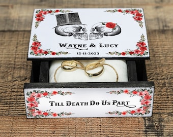 Personalisierte Gothic Skull Ring Box: Halloween Hochzeit Dekor, Tag der Toten Ringhalter
