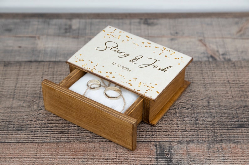 Wedding ring box, White & gold ring box, Personalized wedding box, Ring bearer box, Custom wedding box, Wood Book box Engagement box /pillow Brown