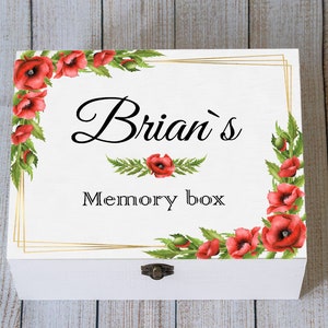 Personalized Memory box, Poppy Keepsake Box, Floral memory box, Wooden chest, Custom Wooden Box, Birthday Gift, Poppy memory box, White box