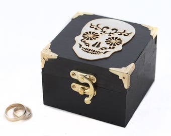 Mexican Skull ring box, Gothic Wedding box, Personalized wedding ring box, Custom Ring Bearer box Black Ring Box  Ring Holder Engagement box