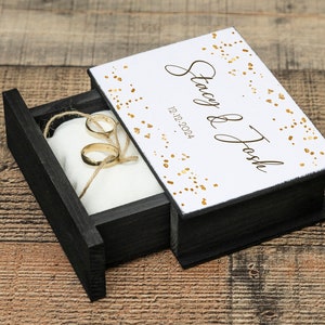 Wedding ring box, White & gold ring box, Personalized wedding box, Ring bearer box, Custom wedding box, Wood Book box Engagement box /pillow Black