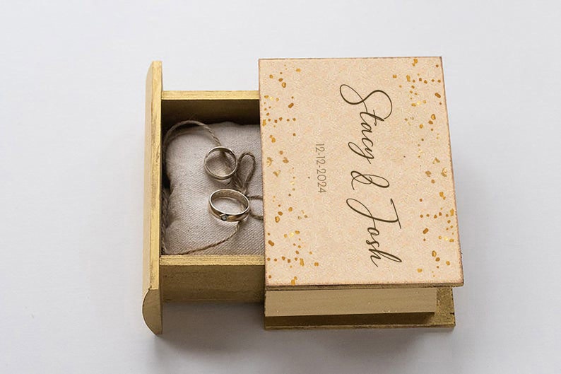 Wedding ring box, White & gold ring box, Personalized wedding box, Ring bearer box, Custom wedding box, Wood Book box Engagement box /pillow image 5