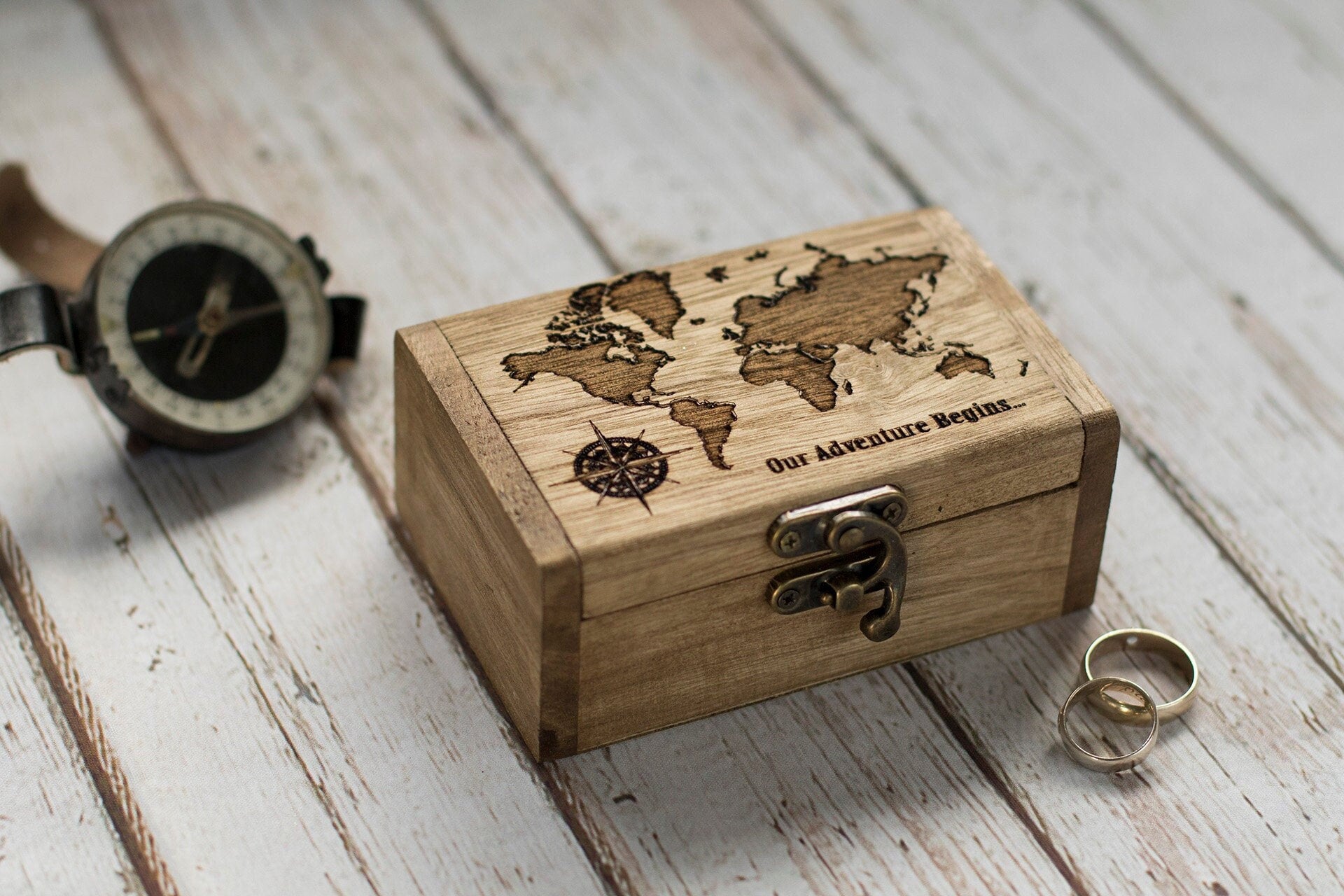 Personalized Wedding Ring Box: Engraved Travel Theme