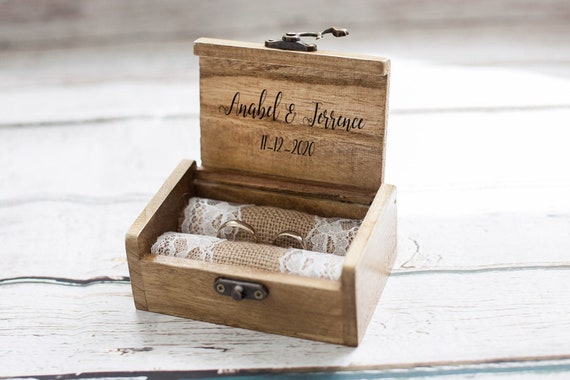 Buy Personalized Rectangle Rustic Wooden Engagement Wedding Ring Box.  Custom Name & Date Engraved Ring Bearer Holder Storage Case Box. Online at  desertcartKUWAIT