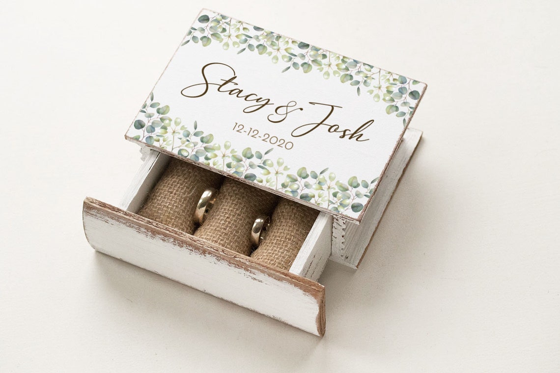 Personalized Wedding ring box Eucalyptus Ring box Custom White