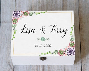 Personalized Wedding Keepsake Box: Succulent Floral Rustic Card Holder