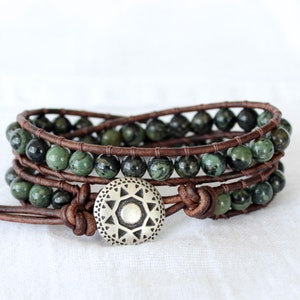 Kambaba jaspis wikkelarmband: boho leren edelsteenarmband
