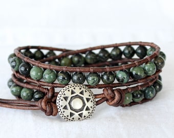 Green Beaded Wrap Bracelet • Green Jasper Bracelet • Wrap Bracelet • Layered Bracelet • Leather Wrap Bracelet • Kambaba Jasper Wrap Bracelet