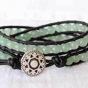 Green Beaded Wrap Bracelet • Green Aventurine Bracelet • Green Beaded Leather Bracelet • Layered Bracelet • Wrap Bracelet • Leather Bracelet