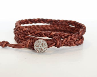 Rust Brown Braided Genuine Leather Wrap Bracelet: Unisex Boho Layered Adjustable Jewelry