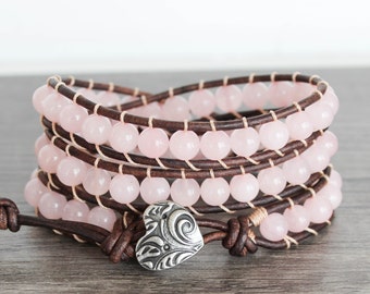 Rose Quartz Wrap Bracelet // Rose Quartz Bracelet • Bracelets For Women • Leather Wrap Bracelet • Gemstone Bracelet • Heart Bracelet