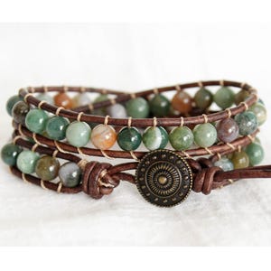 Leren wikkelarmband groene jaspis: boho-edelsteensieraden