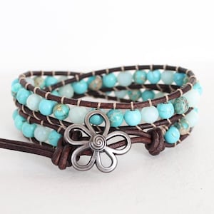Turquoise Gemstone Leather Wrap Bracelet: Boho Layering Jewelry