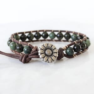 Kambaba jaspis leren wikkelarmband: aardse boho-edelsteensieraden