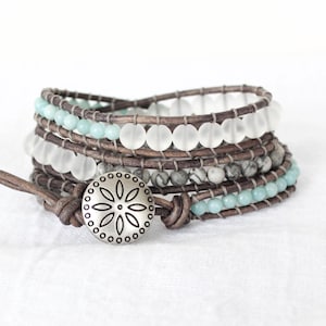 Amazonite Quartz Jasper Gemstone Triple Wrap Leather Bracelet • Boho Adjustable Layered Jewelry
