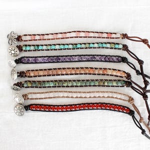 Bracelet en cuir avec pierres précieuses de votre choix pour femme ou homme -- Bracelet bohème réglable
