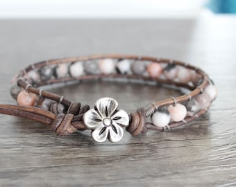 Pink and Gray Zebra Jasper Wrap Bracelet - Gray and Pink Gemstone Leather Boho Adjustable Wraparound Bracelet