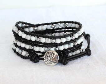 White Howlite & Hematite Black Leather Wrap Bracelet – Adjustable Layering Gemstone Jewelry