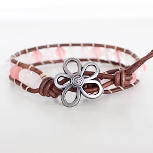 Pink Gemstone Leather Wrap Bracelet -- Boho Leather Wrap Bracelet, Mixed Pink Gemstone Wrap Bracelet, Boho Layering Bracelet, Gift for Her