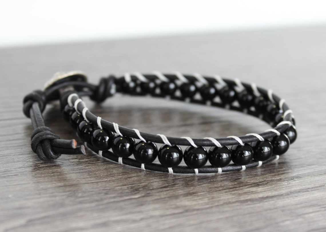 Black Onyx Bracelet // Black Leather Bracelet for Women Etsy