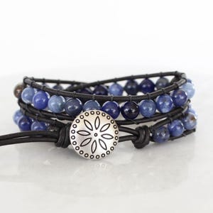 Sodalite Gemstone Wrap Bracelet: Boho Leather Double Wrap