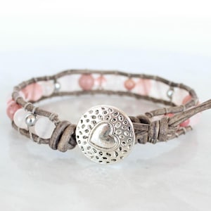 Pink Gemstone Leather Wrap Bracelet -- Boho Layering Bracelet, Gemstone Wrap Bracelet, Boho Bracelet, Gift for Her, Beachy Pink Bracelet
