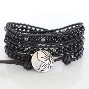 Onyx Wrap Bracelet -- Gemstone Black Leather Bracelet, Wraparound Layered Adjustable Jewelry