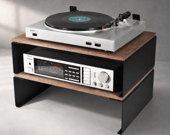 Draaitafelstandaard, versterkertafel van staal en multiplex, vinylhouder, compacte mediaconsole, muziekstation, twee planken