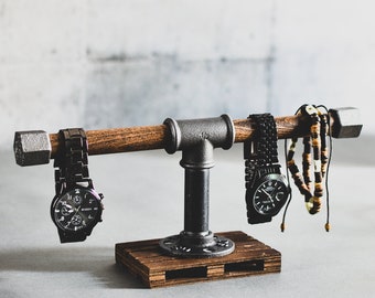 Watch stand bracelet palette base wooden holder dock loft for husband father dad unique gift for him collection of watches Industrial pipe