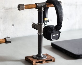 Headphones stand, headset stand, headphone hanger, water pipe holder, dock,loft gift for him, music lover, for desk induastrial loft solid