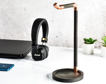 Headphones stand, wood and copper headset stand, hanger, pipe holder, dock, loft gift for him, for her to office desk standing
