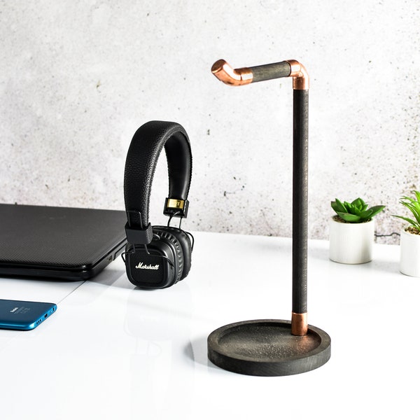 industrial headphones stand, wood and copper headset stand, hanger, pipe holder, dock, loft gift for him, for her to office desk standing