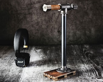 industrial headphones stand, headset stand, headphone hanger, water pipe holder, dock,loft gift for him, music lover,