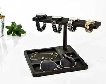 wooden jewelry organizer watch t-bar stand rack  tower ring, bracelet glasses  cufflinks earring tray gift for her for wife daughter