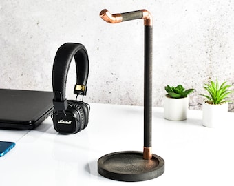 Headphones stand, wood and copper headset stand hanger copper pipe holder, dock,loft gift for him, mini tray base for desk