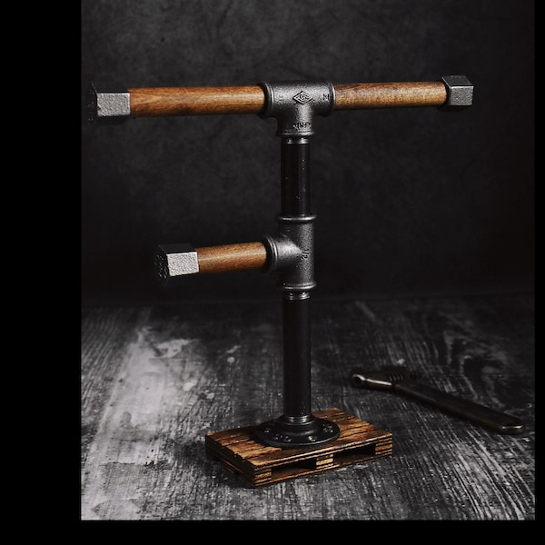 Industrial organizer pipe watch stand rack necklaces,headphones neck-chain, bracelet wood base, wooden holder dock loft