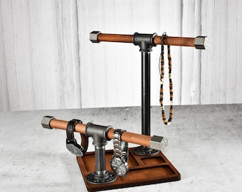 Industrial pipe watch stand rack display bracelet tray base catch all wooden holder dock organise jewelry loft men women etui jewellery