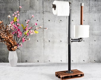 Toilet Paper Holder for three roll Wood and Steel Rustic Pipe standing vertical horizontal