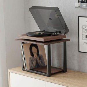 Soporte para tocadiscos con soporte para discos, mesa de acero y madera contrachapada, vinilo, consola multimedia compacta, estación de música