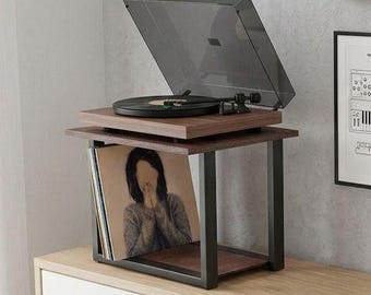 Turntable Stand with record holder, steel and plywood Table, Vinyl, compact media console, music station
