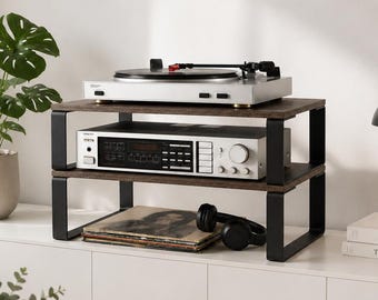 Turntable Stand, steel and plywood Amplifier Table, Vinyl holder, compact media console, music station, two shelves