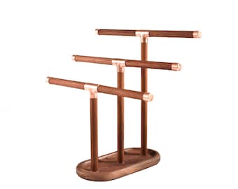 copper and wood jewelry organizer watch stand rack bracelet wooden holder dock loft catch all tray compartments gift for her wife daughter