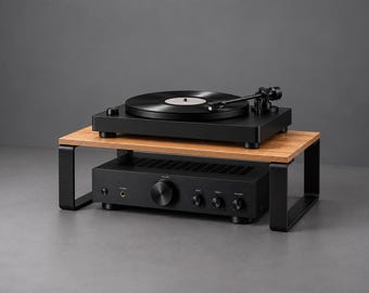 Soporte para tocadiscos, elevador, mesa para amplificador, vinilo, consola multimedia compacta, mesa de audio Hi-Fi, fabricada en acero y madera contrachapada.