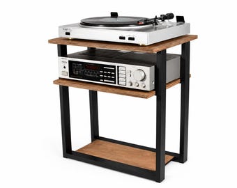 Turntable stand for vinyl record, amplifier and record player holder wooden and steel audio table standing Listening Station