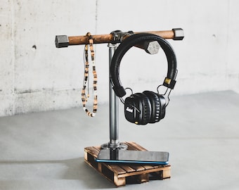 industrial headphone stand for three hedphones, headset stand jewelry hanger, water pipe holder, loft gift for him music lover,jewellery