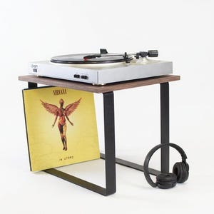 Soporte para tocadiscos moderno con soporte para discos, mesa de acero y madera contrachapada, vinilo, consola multimedia compacta, estación de música