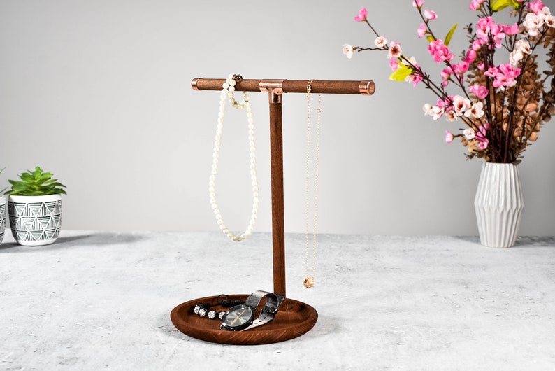 copper and wood jewelry organizer watch stand rack , watch bracelet wood base, wooden holder dock loft tray image 2