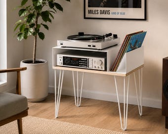 Retro audioconsole van staal en multiplex, draaitafelstandaard, versterker, platenspelerstandaard, vinyl LP-opbergkast, tafel